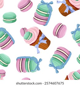 Different tastes and colors macaroons tied with a bow on a white background. Seamless vector illustration.