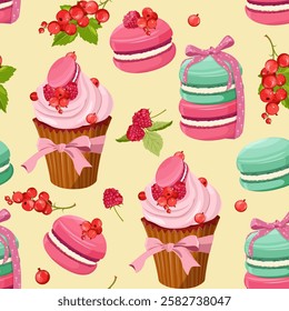 Different tastes and colors macaroons tied with a bow, cake and berries. Seamless vector illustration. For decoration textile, packaging.