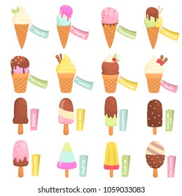 Different tastes ice cream with tag names color flat icons set