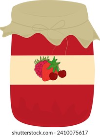 Different tastes jam in glass jar. Bottle with preserve, canning. Natural product. Healthy eating and diet. Design of greeting cards, posters, patches, prints on clothes, emblems. Mix.