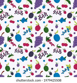 Different tasty berries seamless pattern vector illustration. Juicy fruits texture design. Summer harvest background. 