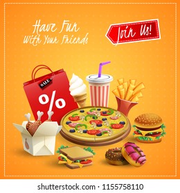 Different tasty dishes and drinks in fast food cafe on bright background cartoon vector illustration