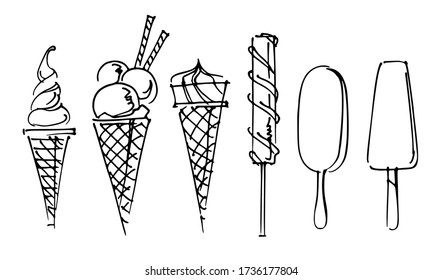 Different Tasty Ice Cream In Waffle Cones And Popsicle, Freehand Drawing Black Line On White Background