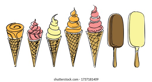 Different tasty ice cream in waffle cones and Popsicle, colorful hand-drawn sketch on white background