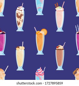 Different tasty milkshakes decorated with fruits, berries and whipped cream seamless pattern. Refreshing cocktails in glasses with straws vector flat illustration. Appetizing dessert soft drinks