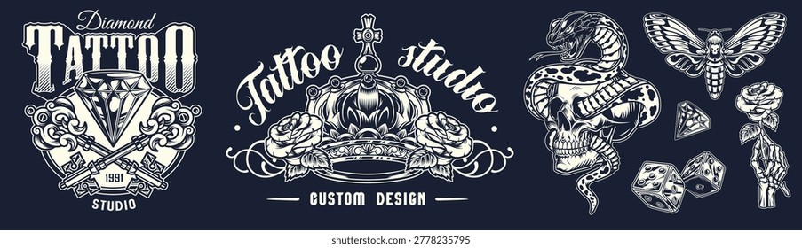 Different tattoo designs are displayed together. These designs include skulls snakes roses and dice. The setting is a tattoo studio focusing on custom art and creative work.