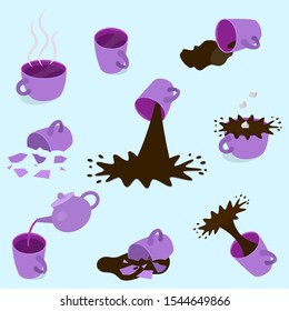 Different tea and coffee cups - full, empty, broken. Teapot, sugar. Vector illustration.