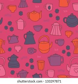 Different tea and coffee cups, pots background. Bright tea and coffee time seamless pattern. Vector illustration