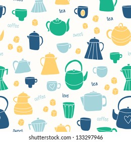 Different tea and coffee cups, pots background. Tea and coffee time seamless pattern. Lovely design for kitchen textile. Vector illustration