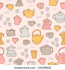 Different tea and coffee cups, pots background. Tea and coffee time seamless pattern. Vintage tea pattern with texture. Vector illustration