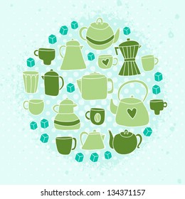 Different tea and coffee cups, pots background. Romantic background in pastel color. Tea and coffee time seamless pattern. Vector illustration