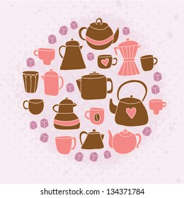 Different tea and coffee cups, pots background. Romantic background in pastel color. Tea and coffee time seamless pattern. Vector illustration