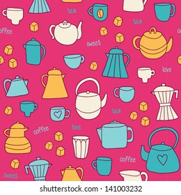 Different tea and coffee cups, pots background. Romantic background in bright color. Tea and coffee time seamless pattern. Vector illustration