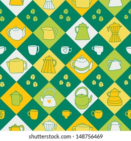 Different tea and coffee cups, pots background. Tea and coffee time seamless pattern. Vector illustration