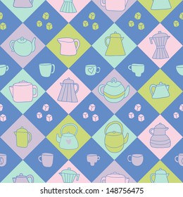 Different tea and coffee cups, pots background. Tea and coffee time seamless pattern. Vector illustration