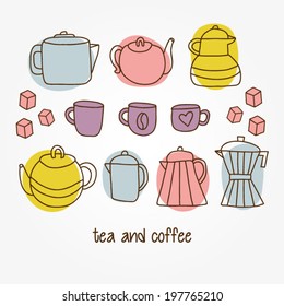 Different tea and coffee cups, pots background. Drinking tea and coffee background in pastel color. Set of cute hand drawn tea and coffee pots, cups, mugs. Vector illustration