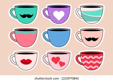 Different tea or coffee set cups vector Illustrations on a white background