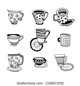 different tea cups hand drawn vector set