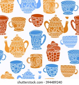 Different tea cups, pots background. Tea time seamless pattern. Design for kitchen textile, invitation card, wrapping, wallpaper, web pages background, bakery or cafe menu. Vector illustration - Shutterstock ID 394489240