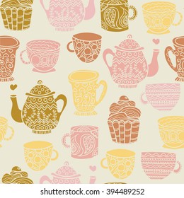 Different tea cups, pots background. Tea time seamless pattern. Design for kitchen textile, invitation card, wrapping, wallpaper, web pages background, bakery or cafe menu. Vector illustration