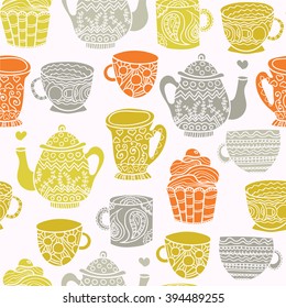 Different tea cups, pots background. Tea time seamless pattern. Design for kitchen textile, invitation card, wrapping, wallpaper, web pages background, bakery or cafe menu. Vector illustration