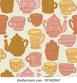 Different tea cups, pots background. Tea time seamless pattern. Design for kitchen textile, invitation card, wrapping, wallpaper, web pages background, bakery or cafe menu. Vector illustration - Shutterstock ID 397403947