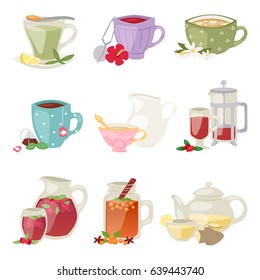 Different tea soft brand drinks glasses and teapot in glass jars healthy eating vector illustration.