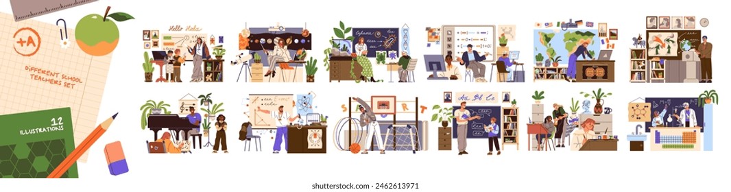 Different teachers in classrooms set. Various school subjects. Professors teach students. Lecturers explain science, maths, art in classes. Flat isolated vector illustrations on white background