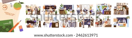 Different teachers in classrooms set. Various school subjects. Professors teach students. Lecturers explain science, maths, art in classes. Flat isolated vector illustrations on white background