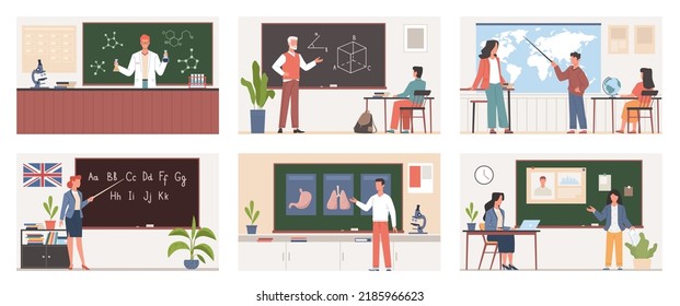 Different teachers with students. Classrooms school blackboards, teaching and lectures process, chemistry and geography, mathematics and languages, nowaday vector cartoon flat education set