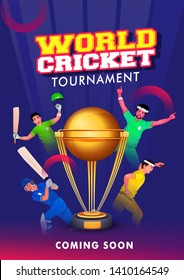 Different team player in playing pose on blue background for World Cricket Tournament flyer or template design.