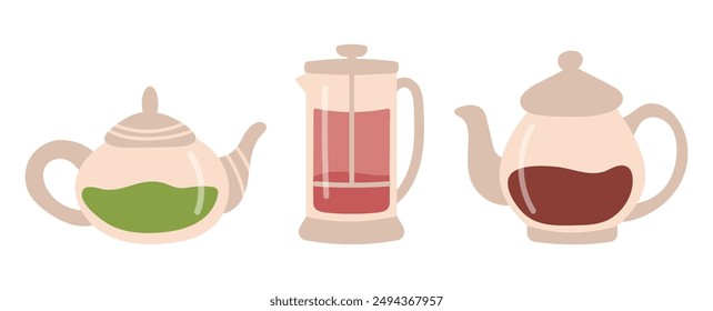 Different teapots. Cute glass teapots with different types of tea. Hot drink container, cozy porcelain items, kitchen ceramic ware. Vector illustration on white background