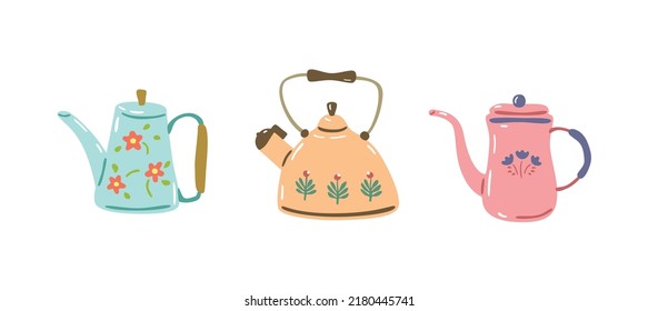 Different teapots. Cute kettles with ornaments, ceramics , different design crockery, hot drinks mug, cozy porcelain products, kitchen pottery tableware, vector cartoon isolated on white set