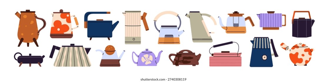 Different teapots set. Modern electric tea pots, metal kettles, glass infusers. Kitchen appliance to boil water. Kitchenware for brewing herbal drinks. Flat isolated vector illustrations on white