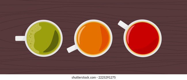 Different teas, Green, black, red. Teacup with green, black, herbal rooibos red tea on wooden table. Vector illustration for greeting card, banner, advertising, menu, articles. Flat lay, top view.