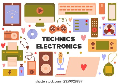 Different technics electronics flat cartoon set. In this picture you can find something without which the modern world cannot be imagined: smartphones, laptops and other gadgets. Vector illustration.