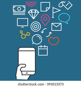 Different techno icons flows into the modern smartphone. Communication concept