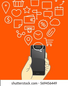 Different techno icons flows into the modern gadgets. Lineart vector illustration
