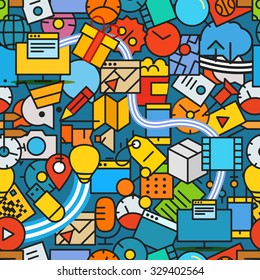 Different technology color icons seamless pattern. Lineart colorful background