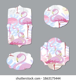 Different templates with tropical leaves and flamingo background. For romantic messages, greetings, posters, advertisements. Birthday, wedding, fitness banner, etc.
