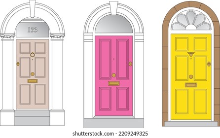 Different terrace front doors in flat design style. Colourful residential front doors, house exterior. 