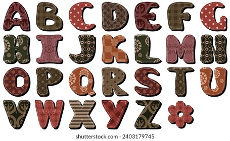 different textile scrapbook alphabet on white background	
