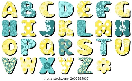  different texture scrapbook alphabet on white background