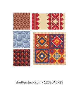 Different texture tile seamless pattern set, Turkish carpet oriental pattern and stone texture for pixel art style game. Isolated vector illustration. 8-bit. Design for stickers, logo, mobile app.