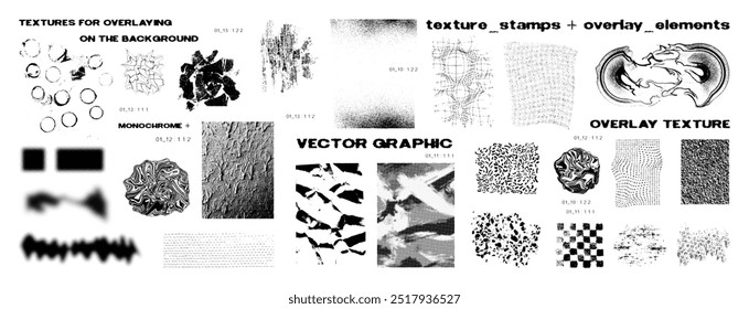 Diferentes texturas para el efecto, sellos para la superposición en el fondo - grano, semitono, líquido, grunge, manchas, piedra, hormigón y otros. Texturas realistas para la superposición. Conjunto de gráficos de sellos de Vector