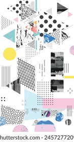 Different textures and geometric shapes artistic vector illustration collage.