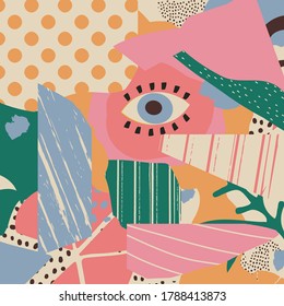 Different textures and shapes artistic vector illustration collage. Colorful abstract graphic design artwork, creative background for banner, brochure, card, invitation, flyer, placard, poster, report