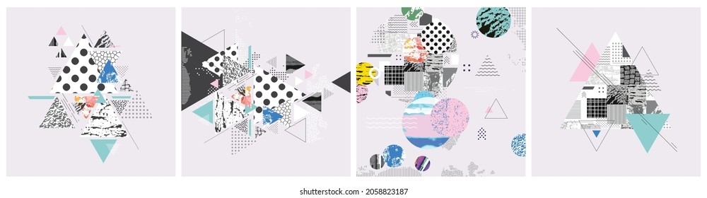 Different textures and shapes artistic vector illustration collage. Geometric abstract design, creative background for banner, brochure, card, invitation, flyer, placard, poster, report, artwork