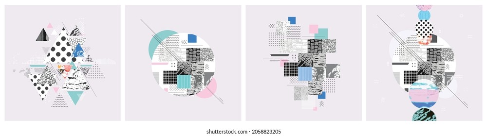 Different textures and shapes artistic vector illustration collage. Geometric abstract design, creative background for banner, brochure, card, invitation, flyer, placard, poster, report, artwork