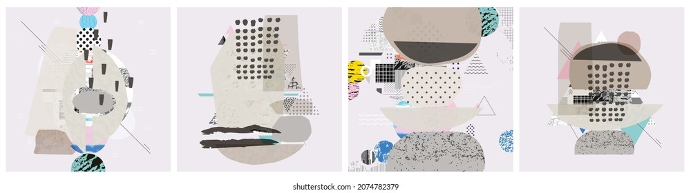 Different textures and shapes artistic vector illustration collage set. Geometric abstract design, creative background for banner, brochure, card, invitation, flyer, placard, poster, report, artwork